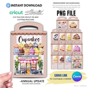2026 Cupcakes Stacked Desk Calendar, Png Files, Jpg, Pdf Calendar Editable Canva, Cut Files for Cutting Machines, Printable Desktop Calendar