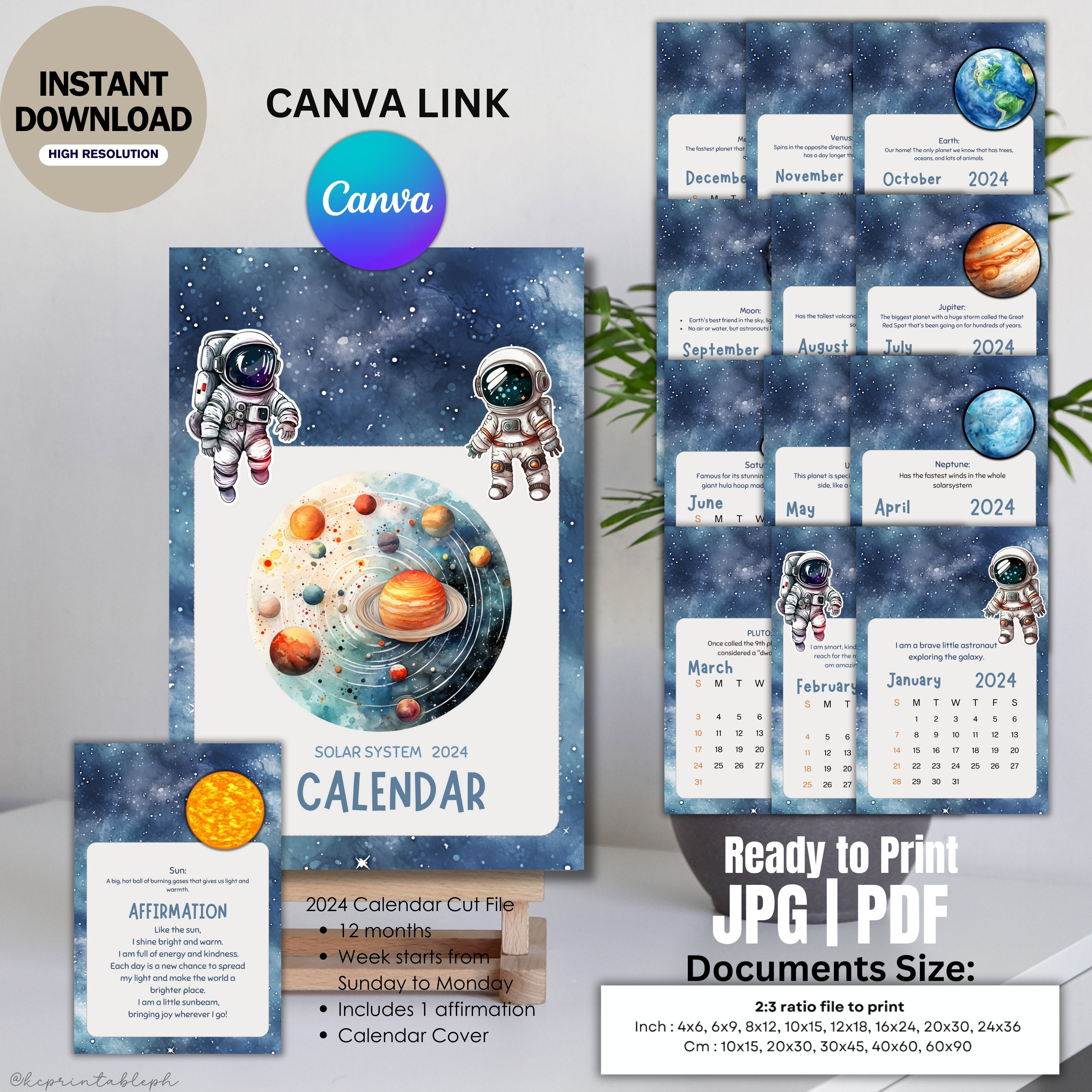 2024 Solar System Calendar, Pdf Option, Canva Editable, Gift for Kids
