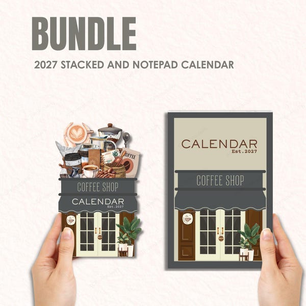 Modelo de calendário de mesa para cafeteria 2027, tema barista, para impressão (uso comercial)