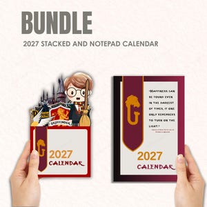 May include: A 2027 calendar bundle featuring a stacked calendar with a cartoon character, broom, and castle illustration, alongside a rectangular notepad calendar. Both items display the text 2027 CALENDAR and a quote about finding happiness.