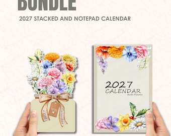 Paquete de calendarios imprimibles 2027 / Calendario apilado y de bloc de notas / Impresión y corte con Cricut / Calendario de escritorio floral / Editable con Canva / Uso comercial