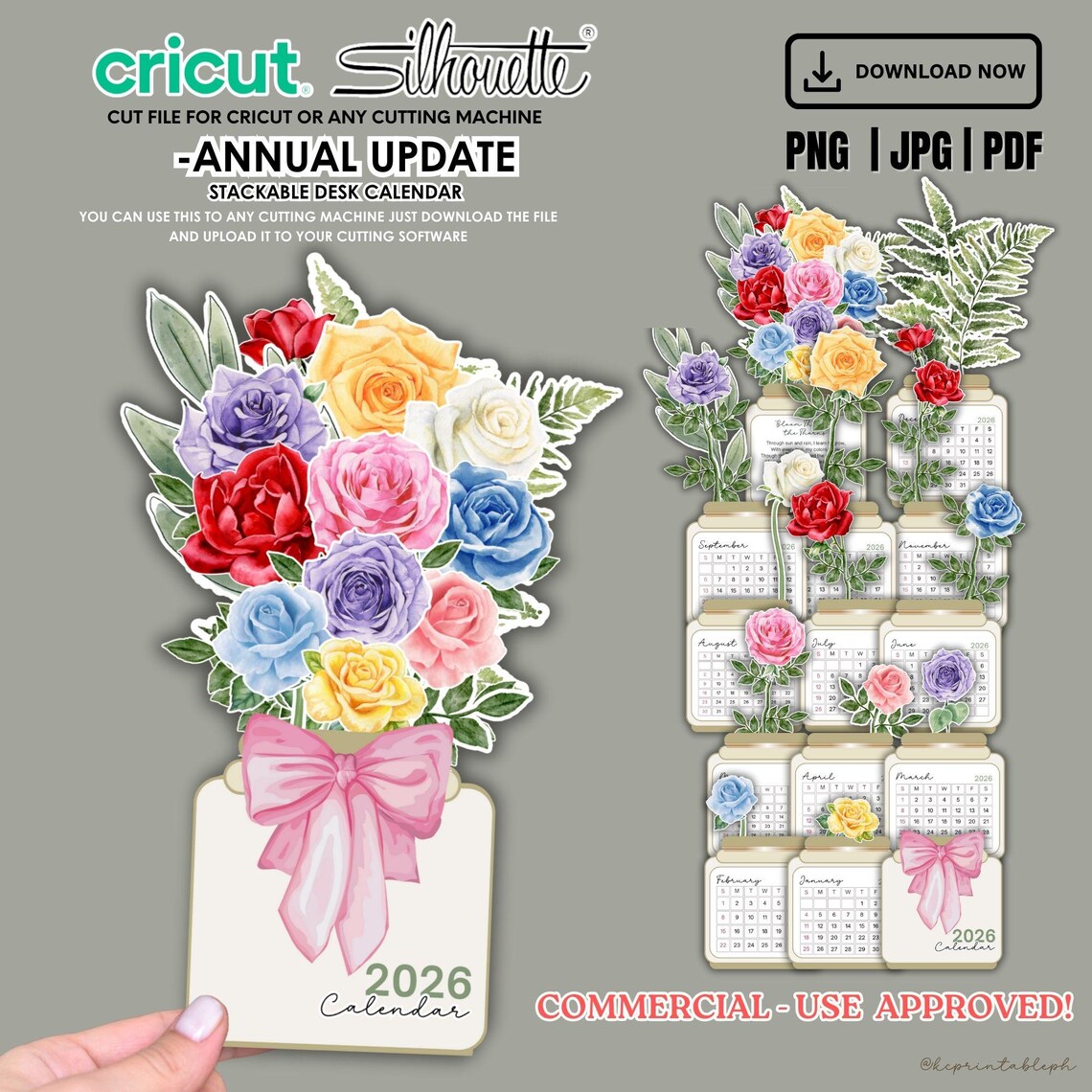 2026 Watercolor Rose Stackable Desk Calendar Template: Cricut & Canva ...