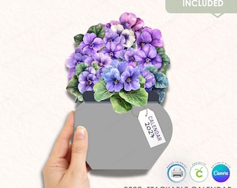 2027 Stackable Desk Calendar Printable | African Violet Floral Calendar | Cricut Print Then Cut | Canva Editable | Commercial Use