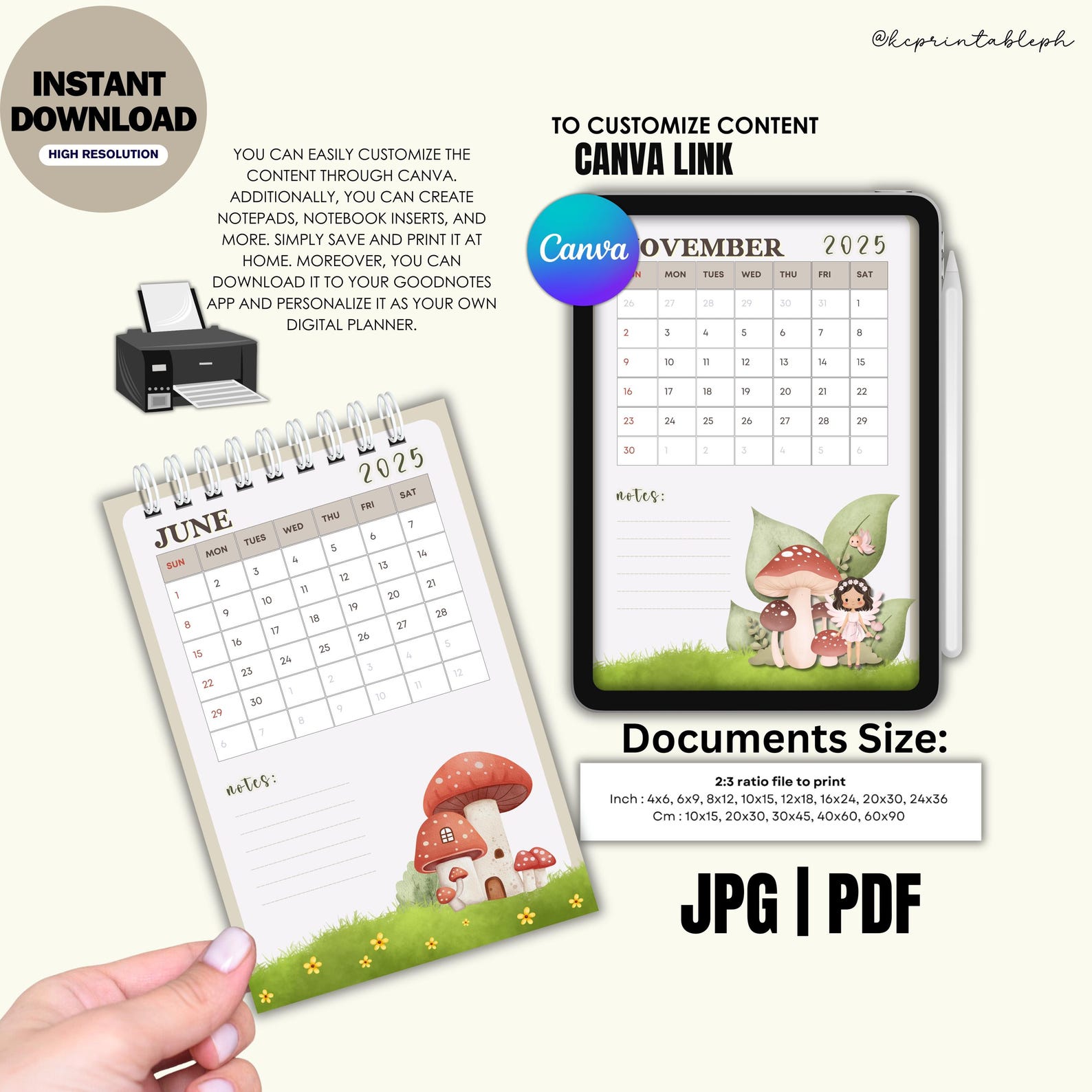 20252026 Fairy Mushroom Desk Calendar Printable Template Reusable