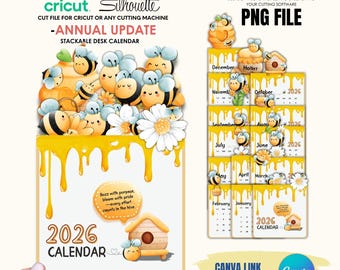 2026 Cute Bee Desk Calendar Printable | Stackable Calendar PNG JPG PDF | Editable Canva Template | Cricut Cut Files | Commercial Use
