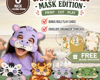 Máscaras de animales de safari, juegos de imitación para niños, páginas para colorear, tarjetas de roles (PDF PNG JPG)