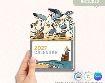 Plantilla de calendario apilable Seagull 2027 / Diseño playero costero DIY (Editable en Canva)