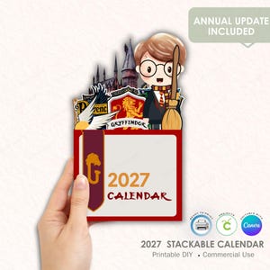 May include: A red and white 2027 calendar featuring a cartoon character with glasses, a broom, and a Gryffindor crest. The calendar has the text "2027 CALENDAR" and the words "ANNUAL UPDATE INCLUDED".