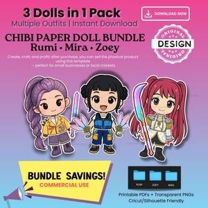 Chibi Paper Doll Bundle Rumi, Mira, Zoey, 3 Printable Paper Dolls with Outfits & Accessories, K Pop Inspired Digital Download, Pretend Play