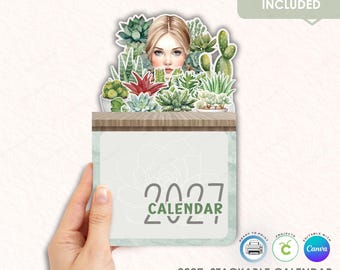 2027 Succulent Stackable Desk Calendar, Notepad Template, Printable DIY (Canva, Commercial Use)
