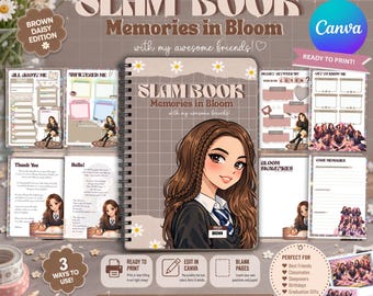 Plantilla editable de Canva para álbum de recuerdos de amistad para adolescentes, libro imprimible para guardar recuerdos de amistad, recuerdo para mejores amigos y compañeros de clase, formato A4, PDF, PNG y JPG.