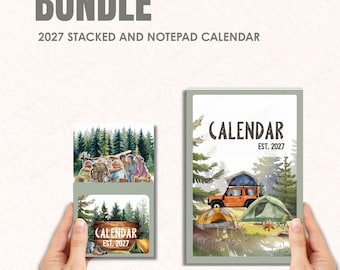 Calendario de escritorio apilable para acampar 2027, plantilla de bloc de notas con diseño de bosque en acuarela (descarga digital)