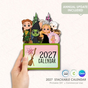 May include: A 2027 stackable calendar with cartoon characters and the text "2027 CALENDAR." The calendar has a pink and green design and includes the text "ANNUAL UPDATE INCLUDED." The image also includes the text "Printable DIY Commercial Use."