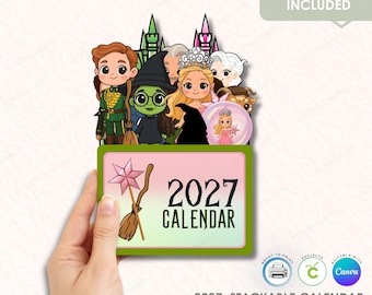 Calendario de escritorio apilable 2027, archivo de corte Cricut imprimible / Personajes encantados, tema caprichoso