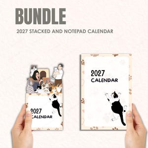 May include: A bundle of two 2027 calendars. One is a stacked calendar with a cat-themed illustration and the other is a notepad calendar with a cat illustration. The word "BUNDLE" is at the top.