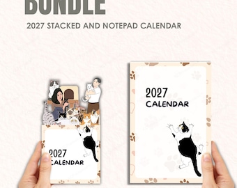 May include: A bundle of two 2027 calendars. One is a stacked calendar with a cat-themed illustration and the other is a notepad calendar with a cat illustration. The word "BUNDLE" is at the top.