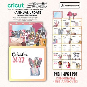 May include: A stackable desk calendar design for 2027, featuring a beauty theme with scissors, brushes, and hair styling tools. The calendar includes monthly layouts and is available in PNG, JPG, and PDF formats. The design is approved for commercial use.