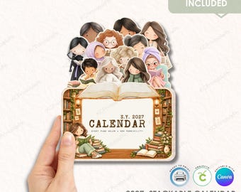 Plantilla de calendario apilable Reading Girls 2027 / Calendario imprimible para amantes de los libros / Imagen PNG de Reader Girl para Cricut / Calendario de escritorio DIY para uso comercial