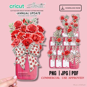 Calendário de mesa empilhável de Dia dos Namorados 2026: Buquê de rosas, arquivo de corte Cricut (download digital)