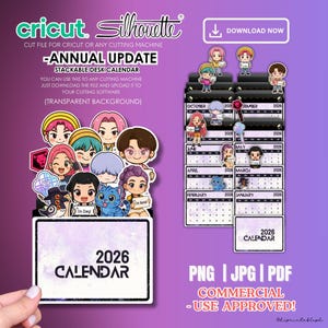 Può includere: Un design di calendario da scrivania impilabile per il 2026, con personaggi dei cartoni animati e la scritta "2026 CALENDAR". Disponibile nei formati PNG, JPG e PDF, è compatibile con le macchine da taglio Cricut e Silhouette.