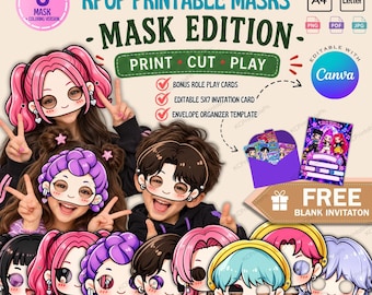 Kpop Printable Masks for Kids, Kpop Party Activity, DIY Coloring Masks, Role Play Cards, Editable Birthday Invitation