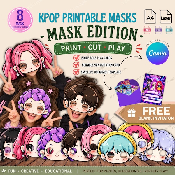 Maschere Kpop stampabili per bambini, attività per feste Kpop, maschere da colorare fai da te, carte per giochi di ruolo, inviti di compleanno modificabili