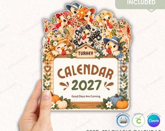 Plantilla de calendario apilable de pavo 2027, calendario imprimible de Acción de Gracias, archivo de corte PNG para Cricut, editable en Canva, uso comercial.