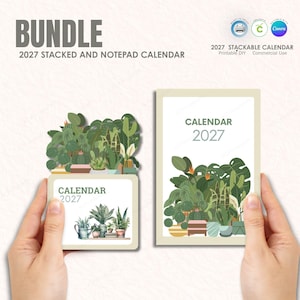 May include: A 2027 bundle featuring a stackable calendar and a notepad calendar. Both items display illustrations of various potted houseplants in shades of green. The text reads BUNDLE 2027 STACKED AND NOTEPAD CALENDAR and CALENDAR 2027.