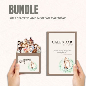 May include: A 2027 stacked and notepad calendar bundle featuring religious illustrations. The stacked calendar displays cartoon figures of Jesus, a church, bread, wine, and a Bible. The notepad calendar features the text CALENDAR EST. 2027, Philippians 4:13, and praying hands surrounded by green leaves.