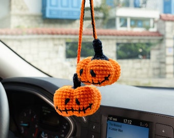 Halloween Crochet Pumpkin, Hanging Car Accessory, Gift Ornament for Halloween, Fun Pumpkin in the Rearview Mirror, Ghost Swinging in the Car