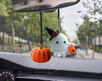 Cute Car Accessory, Hanging Crochet Ghost, Gift Ornament for Christmas, Fun Pumpkin in the Rearview Mirror, Ghost Swinging in the Car