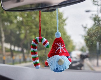 Christmas Crochet Gnome Car Accessories, Handmade Gingerbread for Mirror, Christmas Ornament for Rearview Mirror, Car Hanging Candy Cane