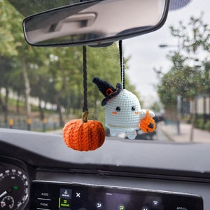 Cute Car Accessory, Hanging Crochet Ghost, Gift Ornament for Christmas, Fun Pumpkin in the Rearview Mirror, Ghost Swinging in the Car