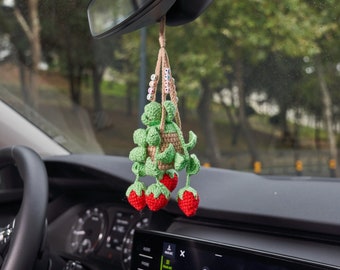 Crochet Strawberries For Car, Cute Crochet Plants For Women, Hanging Car Accessory With Name, Custom Plant Lover Gift Idea