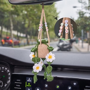 OnEternal Handmade Crochet Cute Plants Car Mirror Hanging Accessories Knitted Rear View Mirror Accessories Interior Aesthetic For Women