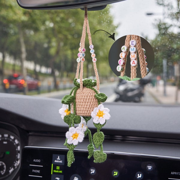 Cadeau de voiture marguerite au crochet personnalisé pour femme • Accessoires de voiture au crochet mignons • Accessoires suspendus pour miroir de voiture • Idée cadeau pour les amoureux des plantes