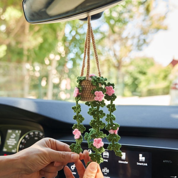 Gepersonaliseerde plantenauto hangende accessoires, schattig gehaakt bloemenautoornament, aangepast cadeau-idee voor liefhebbers van vetplanten