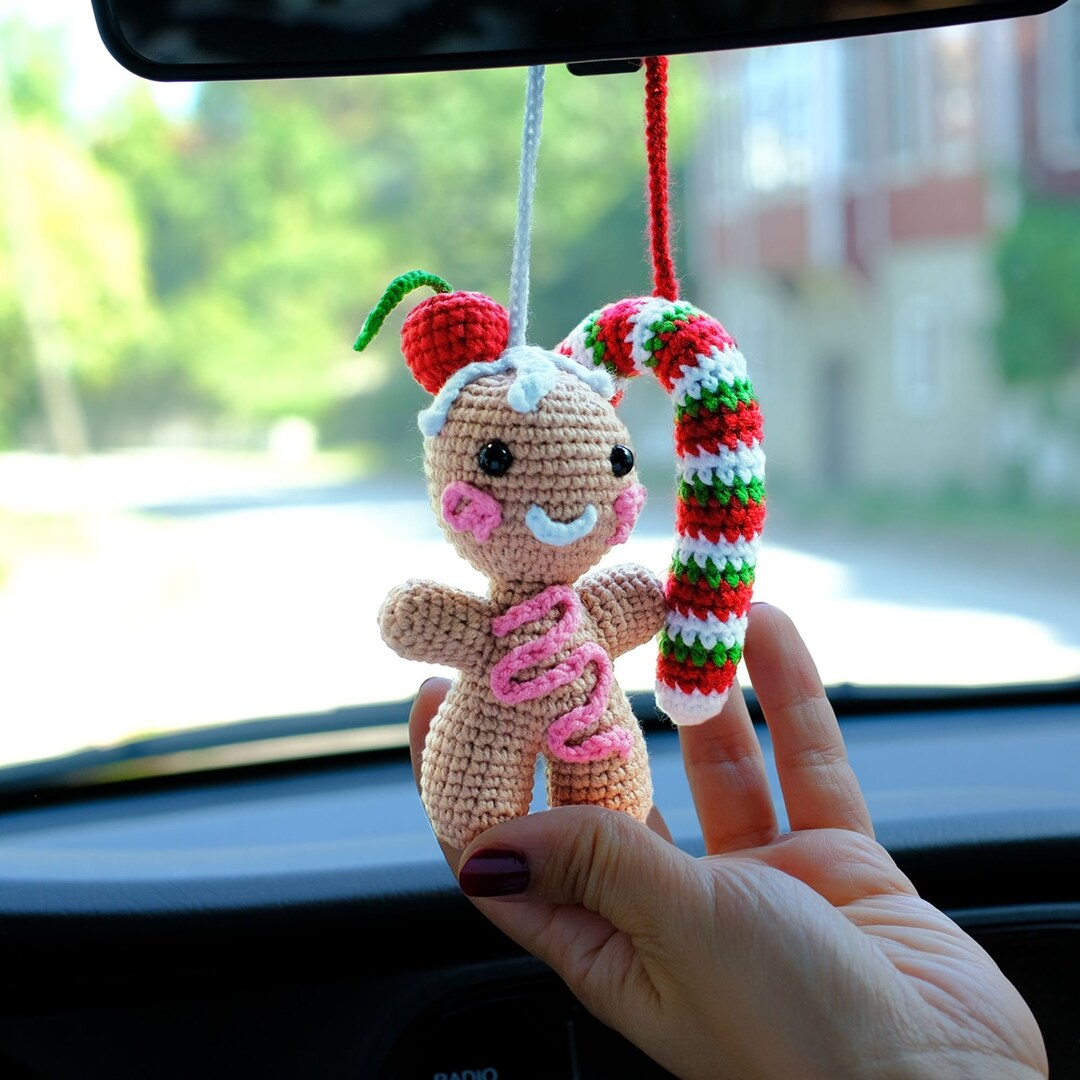Cute Crochet Gingerbread, Handmade Candy Cane for Mirror, Christmas Ornament  for Rearview Mirror, Car Hanging Accessories Gift for Him 