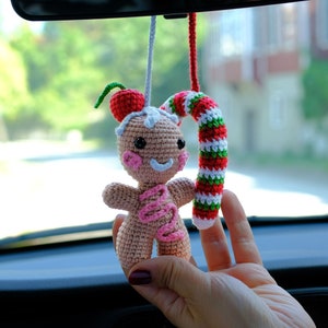 Crochet Gingerbread Man Car Charm: Christmas Rearview Mirror Decoration