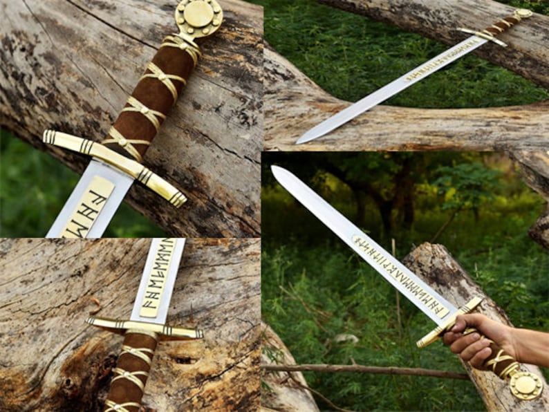 May include: A collection of Viking swords with silver blades, gold accents, and brown leather-wrapped handles. The blades feature engraved text. The swords are displayed on a wooden log.