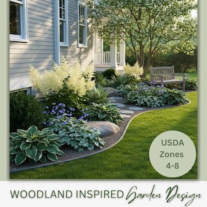 May include: A woodland-inspired garden design featuring a variety of plants, including hostas, with a stone pathway and a wooden bench. The image includes the text "USDA Zones 4-8".