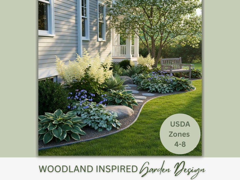 May include: A woodland-inspired garden design featuring a variety of plants, including hostas, with a stone pathway and a wooden bench. The image includes the text "USDA Zones 4-8".