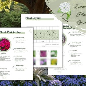 May include: Detailed plant layout guides with text and illustrations. One guide focuses on the Pink Azalea, including preparation, planting, and maintenance details. Another guide shows a plant layout with a border. The third guide is for Japanese Painted Fern.
