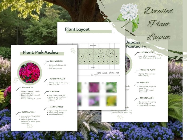 May include: Detailed plant layout guides with text and illustrations. One guide focuses on the Pink Azalea, including preparation, planting, and maintenance details. Another guide shows a plant layout with a border. The third guide is for Japanese Painted Fern.