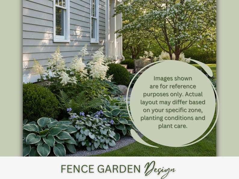 May include: A garden design featuring a variety of plants, including hostas, ferns, and white flowering shrubs, in front of a light gray house. The image includes text that says "Fence Garden Design". A circular text overlay states the image is for reference only.