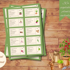 Puede incluir: Un conjunto de tarjetas imprimibles con ilustraciones de m&aacute;s de 30 verduras diferentes. Las tarjetas son verdes con bordes blancos e incluyen el nombre de cada verdura. El texto "30+ vegetable plants included" est&aacute; escrito en verde sobre fondo blanco.