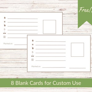 May include: Two blank white cards with brown lines and icons for watering, sunlight, fertilizer, and a calendar. Each card has a space for a photo and a line for "Planted on". The text "Free!!" is in green at the top of the image. The text "8 Blank Cards for Custom Use" is in green at the bottom of the image.