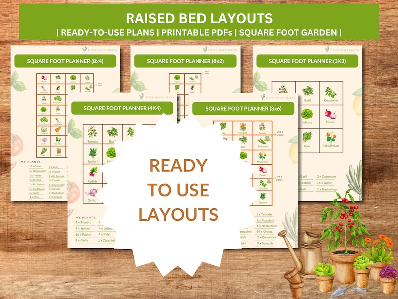 Pu&ograve; includere: Layout di pianificazione del giardino a piedi quadrati stampabili con illustrazioni di verdure ed erbe. I layout sono per aiuole rialzate di diverse dimensioni, tra cui 3x3, 3x6, 4x4, 8x2 e 8x4.