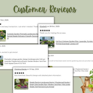 May include: Image of customer reviews for garden design plans. The reviews are displayed on white cards with star ratings and text. The text includes phrases like "Great design" and "Easy download". The background is a light green color.