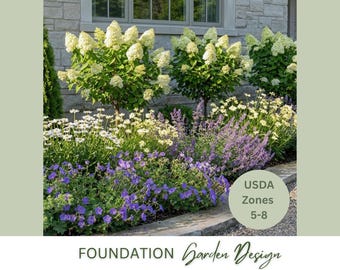 May include: A colourful garden bed with diverse flowering plants. The image displays white, purple, and yellow flowers, with trimmed trees in the background. The text "USDA Zones 5-8" and "Foundation Garden Design" are also visible.